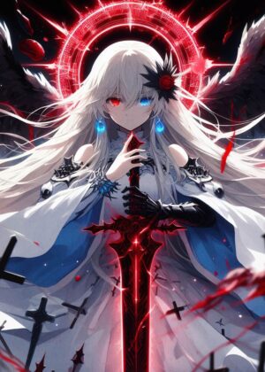 White-Haired Angel with Sword: Anime Art Print - Premium Wooden Framed Poster. Ready to Hang.
