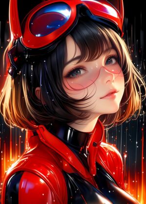 Fiery Anime Girl in Red Racing Suit - Premium Wooden Framed Poster. Ready to Hang.