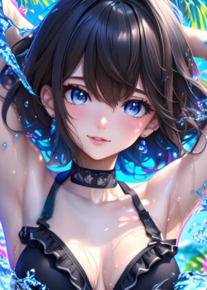Anime Girl Summer Splash: Vibrant Digital Art Print - Premium Wooden Framed Poster. Ready to Hang.