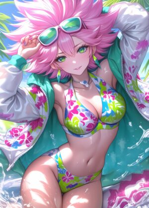 Anime Girl Summer Beach Bikini Artwork - Premium Wooden Framed Poster. Ready to Hang.