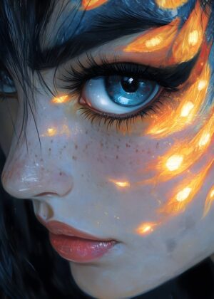 Glowing Celestial Beauty: Close-Up Portrait - Premium Wooden Framed Poster. Ready to Hang.