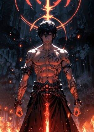 Warrior of Infernal Flames: Digital Art Print - Premium Wooden Framed Poster. Ready to Hang.