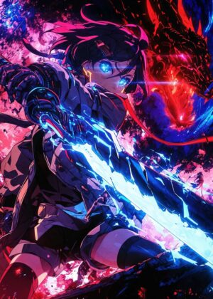 Anime Girl with Sword: Fierce Fantasy Art Print - Premium Wooden Framed Poster. Ready to Hang.