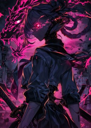 Cyberpunk Anime Girl: Neon Dreams - Premium Wooden Framed Poster. Ready to Hang.