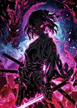 Anime Samurai Girl and Dragon Art Print - Premium Wooden Framed Poster. Ready to Hang.
