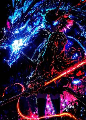 Cyberpunk Anime Girl with Swords: Neon Art Print - Premium Wooden Framed Poster. Ready to Hang.