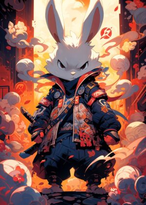 Fierce Rabbit Samurai: Digital Art Print - Premium Wooden Framed Poster. Ready to Hang.