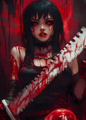 Bloody Anime Girl with Chainsaw Art Print - Premium Wooden Framed Poster. Ready to Hang.