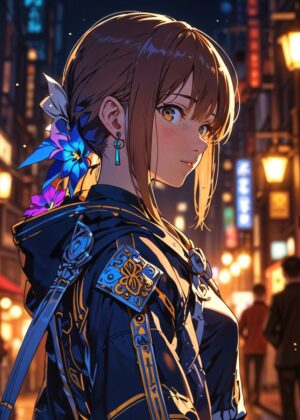 Midnight Stroll in the Neon City: Anime Girl Artwork - Premium Wooden Framed Poster. Ready to Hang.