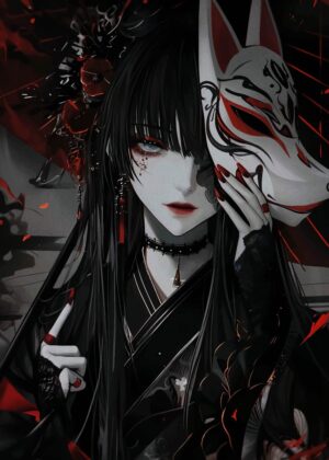 Mysterious Anime Girl with Kitsune Mask - Premium Wooden Framed Poster. Ready to Hang.