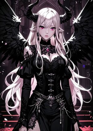 Dark Angel with Horns: Gothic Fantasy Art Print - Premium Wooden Framed Poster. Ready to Hang.