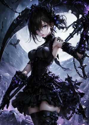 Dark Anime Girl with Scythe: Gothic Fantasy Art Print - Premium Wooden Framed Poster. Ready to Hang.