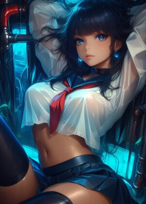 Anime Girl in Wet Uniform: A Captivating Digital Art Print - Premium Wooden Framed Poster. Ready to Hang.