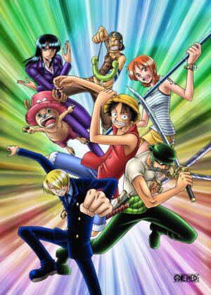 One Piece Straw Hat Crew Dynamic Action Artwork Print - Premium Wooden Framed Poster. Ready to Hang.