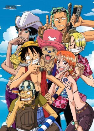 One Piece Straw Hat Crew Group Illustration - Premium Wooden Framed Poster. Ready to Hang.