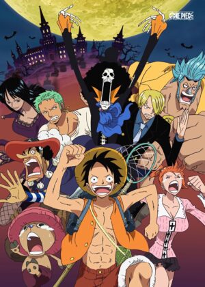 One Piece Halloween Adventure: Spooky Straw Hat Crew Artwork - Premium Wooden Framed Poster. Ready to Hang.