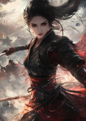 Warrior Woman in Red: A Powerful Digital Painting - Premium Wooden Framed Poster. Ready to Hang.