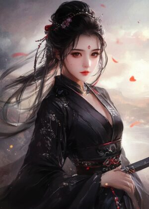 Warrior Woman in Black Kimono: Digital Art Print - Premium Wooden Framed Poster. Ready to Hang.