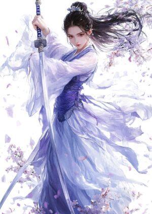 Warrior Woman in Purple Dress: A Watercolor Fantasy - Premium Wooden Framed Poster. Ready to Hang.