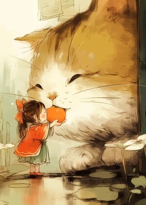 Girl Feeding a Giant Cat: Whimsical Artwork - Premium Wooden Framed Poster. Ready to Hang.