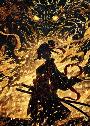 Samurai and Dragon: A Fiery Encounter - Premium Wooden Framed Poster. Ready to Hang.