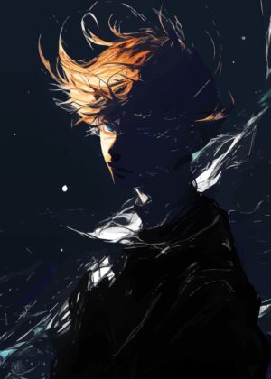 Mysterious Anime Boy with Blue Eyes: Dark and Dramatic Artwork - Premium Wooden Framed Poster. Ready to Hang.