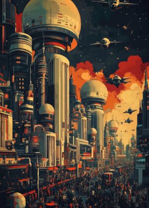Retro Futuristic Cityscape Art Print - Premium Wooden Framed Poster. Ready to Hang.