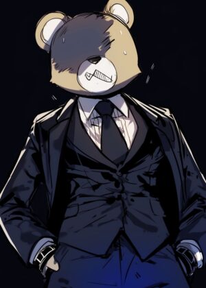 Bear Suit Man: A Stylish Fusion of Nature and Formality - Premium Wooden Framed Poster. Ready to Hang.