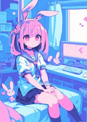 Pastel Anime Girl with Bunny Ears - Premium Wooden Framed Poster. Ready to Hang.
