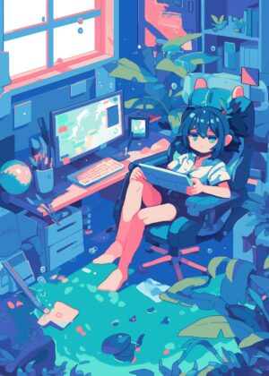 Anime Girl in a Flooded Room: Digital Art Print - Premium Wooden Framed Poster. Ready to Hang.