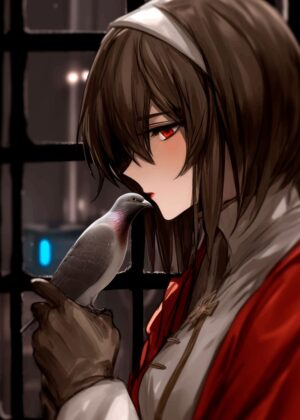 Anime Girl and Dove: A Serene Moment - Premium Wooden Framed Poster. Ready to Hang.