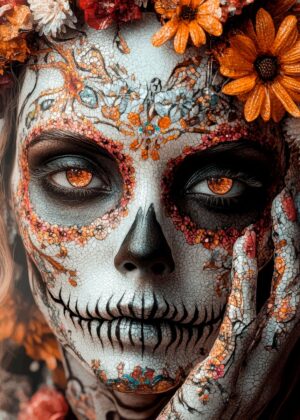 Day of the Dead Sugar Skull Makeup Art Print - Premium Wooden Framed Poster. Ready to Hang.