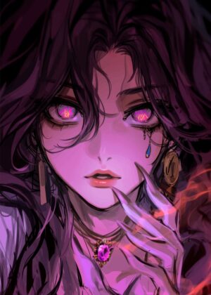 Anime Girl with Glowing Eyes: Mystical Fantasy Art Print - Premium Wooden Framed Poster. Ready to Hang.