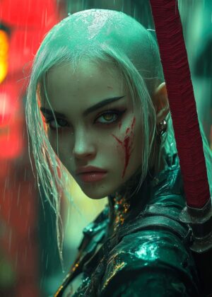 Cyberpunk Warrior Woman: Rain-Soaked Streets, Steel Resolve - Premium Wooden Framed Poster. Ready to Hang.