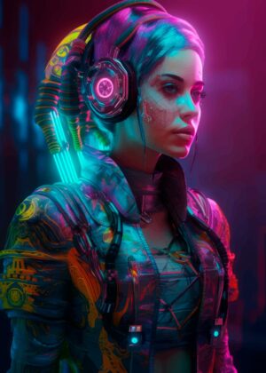 Cyberpunk Girl: Neon Dreams Art Print - Premium Wooden Framed Poster. Ready to Hang.