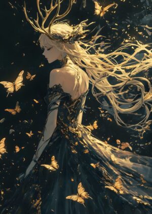 Golden Butterfly Fantasy: A Dreamlike Anime Girl Artwork - Premium Wooden Framed Poster. Ready to Hang.