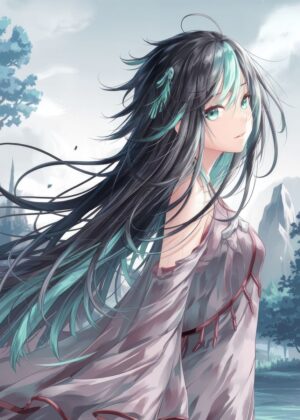 Anime Girl with Flowing Hair in a Serene Landscape - Premium Wooden Framed Poster. Ready to Hang.