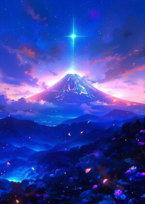 Mount Fuji Night Sky: Celestial Beauty - Premium Wooden Framed Poster. Ready to Hang.
