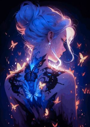 Anime Girl with Glowing Butterfly Tattoo - Premium Wooden Framed Poster. Ready to Hang.