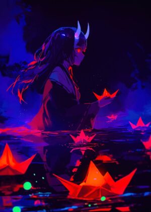 Anime Girl and Paper Boats: Neon Dreams - Premium Wooden Framed Poster. Ready to Hang.