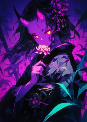Demon Girl with Flower: Neon Dreams - Premium Wooden Framed Poster. Ready to Hang.