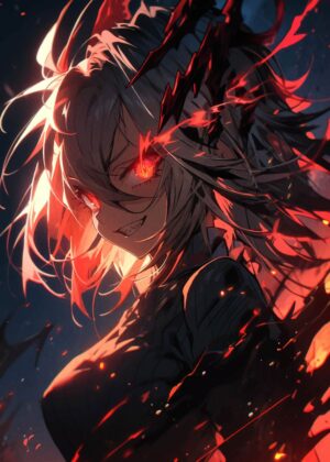 Fiery Anime Girl: Embracing the Inferno - Premium Wooden Framed Poster. Ready to Hang.