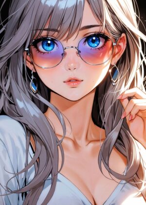 Anime Girl with Glasses: Stunning Digital Artwork - Premium Wooden Framed Poster. Ready to Hang.