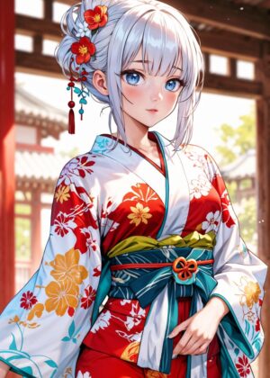 Elegance in Kimono: A Blossoming Spirit - Premium Wooden Framed Poster. Ready to Hang.
