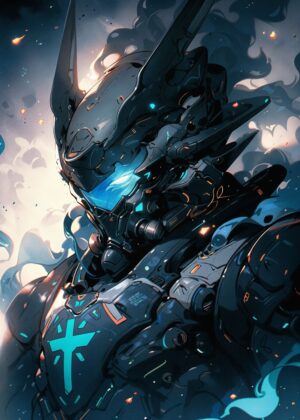 Cyberpunk Mech Warrior: Digital Art Print - Premium Wooden Framed Poster. Ready to Hang.