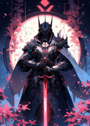 Cyberpunk Samurai Warrior: Digital Art Print - Premium Wooden Framed Poster. Ready to Hang.