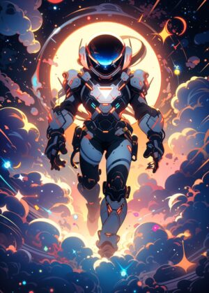 Cosmic Voyager: Sci-Fi Space Suit Character Art - Premium Wooden Framed Poster. Ready to Hang.