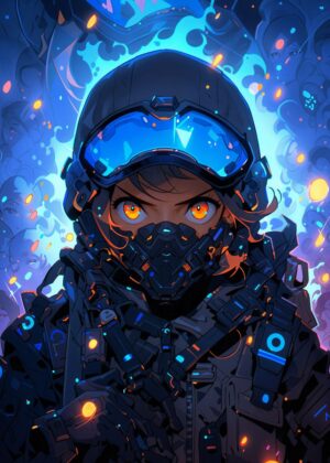 Cyberpunk Anime Girl: Digital Art Print - Premium Wooden Framed Poster. Ready to Hang.