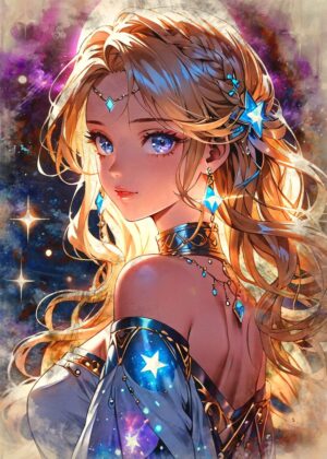 Celestial Anime Girl: A Starry Night Dream - Premium Wooden Framed Poster. Ready to Hang.