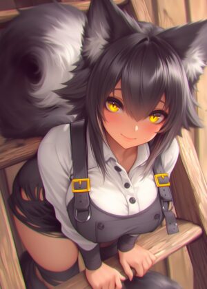 Anime Wolf Girl on a Wooden Ladder - Premium Wooden Framed Poster. Ready to Hang.